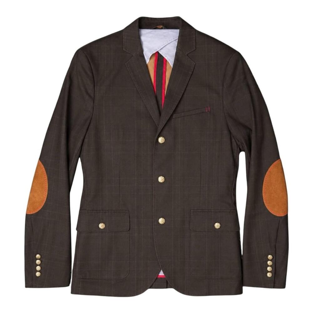 Zara Man Denim Couture Brown Plaid Elbow Patch Blazer 40